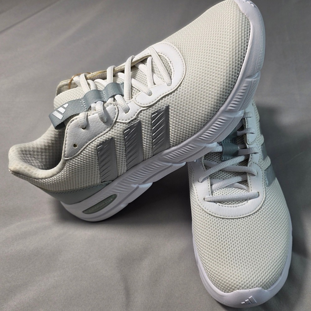 Adidas Cloudfoam Flex Laces Women 9 White Silver Running Shoes JS4891 NWOB